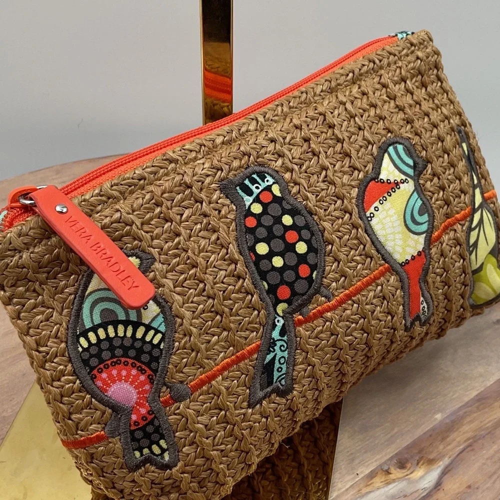 Vera‎ Bradley Woven Straw Bird on a Wire Cosmetic Bag Pouch Tan Orange Multi